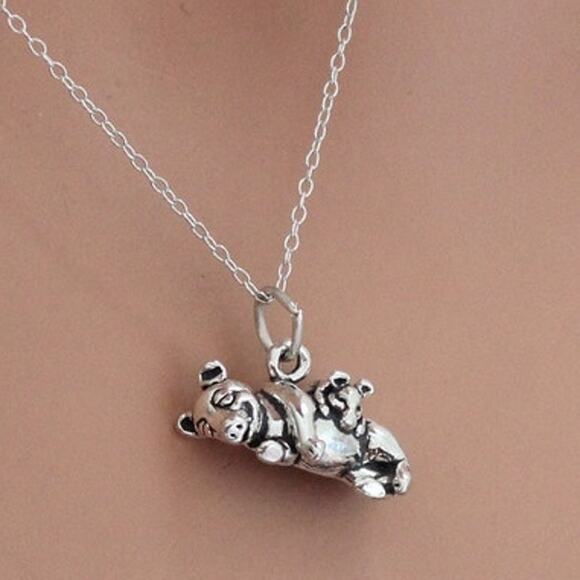 Sterling Silver Pig with Piglet Charm Necklace - Picture 1 of 6